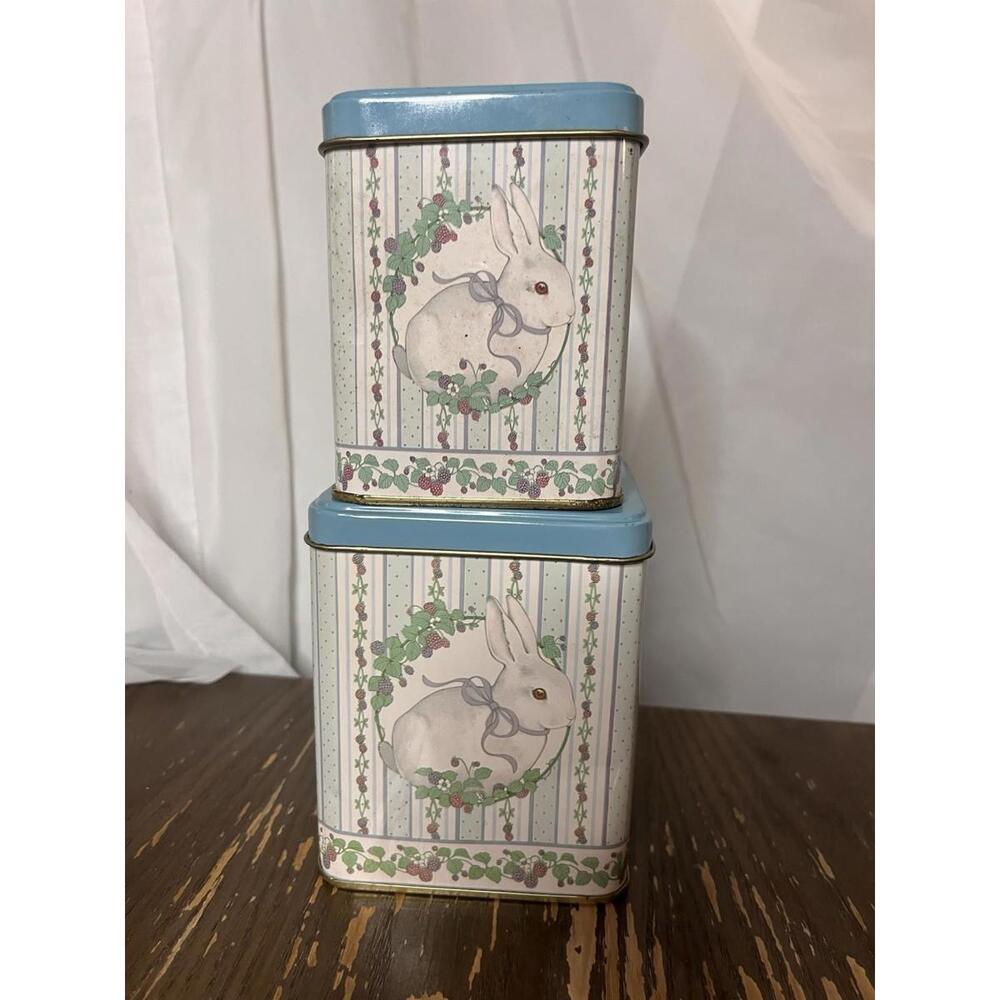 Matching Nesting Bunny Rabbit Metal Tins 5.75" 4.25" Cute! 90's Home Cottagecore